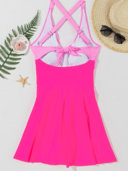 Rose Red Flared One-Piece Swimsuit with Crisscross Back Straps