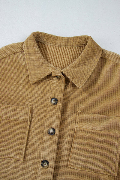 Stylish Women's Light Beige Corduroy Shacket with Patched Pockets - Chic Button-Up Jacket for Effortless Casual Outfits