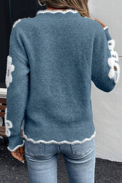 Women's Soft Knit Scalloped V-Neck Pullover Sweater - Stylish, Comfortable Casual Top in Trendy Colors