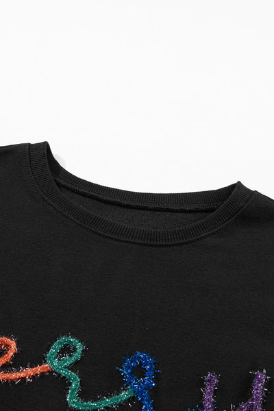 Women's Cozy Black Merry Everything Tinsel Sweatshirt - Casual Holiday Graphic Top for Festive Comfort