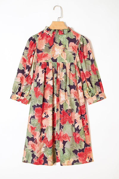 Women's Ruffled V-Neck Floral Babydoll Dress in Sage and Terracotta