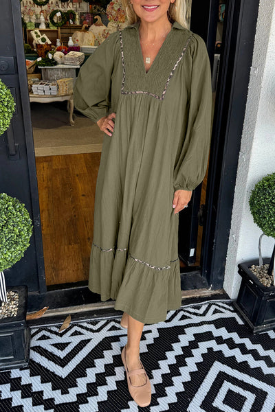 Women's Long Dress with Collared V-Neck, Smocked Detail, and Contrast Leopard Trim, Perfect for Casual or Chic Occasions