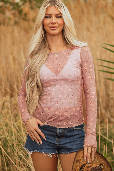 Elegant Women's Floral Mesh Long Sleeve Blouse - Lightweight, Breathable Top for Spring & Summer Style