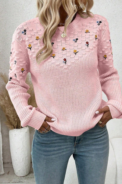 Light Pink Women's Casual Sweater with Textured Knit and Floral Embroidery Ideal for Everyday Chic Style