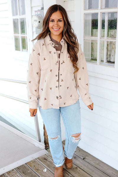 Women's Stylish Jet Stream Corduroy Shacket with Bow Embroidery - Chic Button-Down Layer for Effortless Fall Fashion