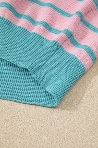 Cozy Women's Pink Striped Loose Sweater with Drop Shoulders & Round Neck - Effortless Casual Knit Top for Relaxed Style