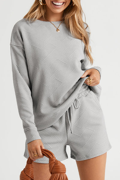 Cozy Women's Gray Textured Long Sleeve Top and Drawstring Shorts Set Effortless Casual Lounge Wear for Chic Comfort