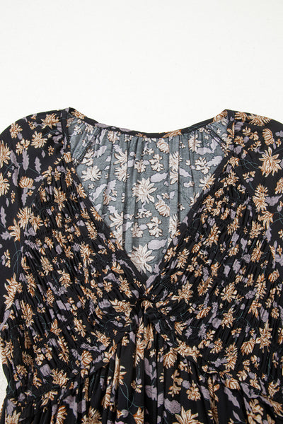 Women's Black Floral V-Neck Smocked Midi Dress with Long Sleeves