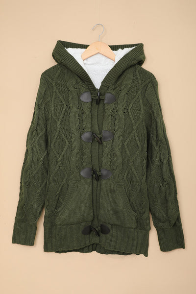 Women's Army Green Fur Hooded Cardigan with Horn Button Detail - Cozy and Stylish Sweater for Fall and Winter Fashion