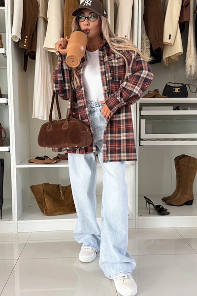 Cozy Mineral Red Plaid Boyfriend Shacket for Women Stylish Flannel Overshirt with Chest Pocket for Casual Layering