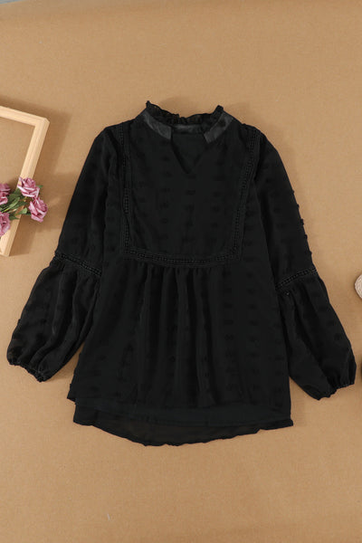 Women's Swiss Dot V-Neck Babydoll Blouse with Crochet Lace