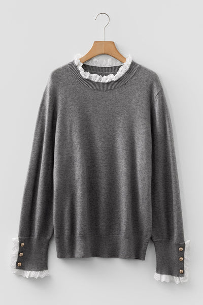 Women's Lace-Trim Knit Sweater with Buttoned Cuffs in Sleet Gray