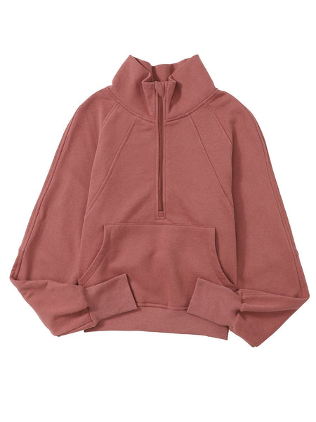 Cozy Brown Zip Up Sweatshirt with Stand Collar and Thumbhole Sleeves