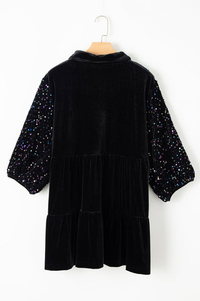 Chic Women's Black Velvet Peplum Blouse with Sequin Puff Sleeves Stylish Button-Up Top for Special Events