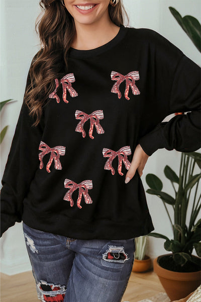 Women's Black Sequin Bow Sweatshirt with Drop Shoulder Detail