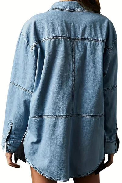 Trendy Women's Dusk Blue Oversized Denim Pullover with Exposed Stitching & Notched Collar - Chic Patchwork Top
