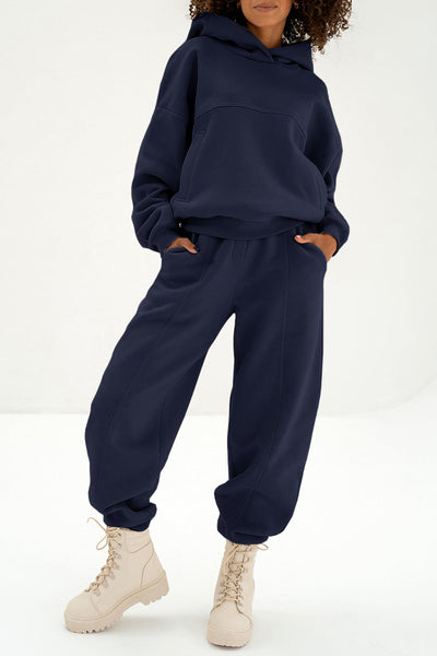 Women's Navy Cotton-Blend Hoodie and Sculpted Jogger Set with practical styling and dependable silhouette control.