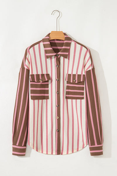Trendy Women's Multicolor Striped Knit Shacket with Contrast Patchwork, Button Pockets, and Stylish Raw Hem