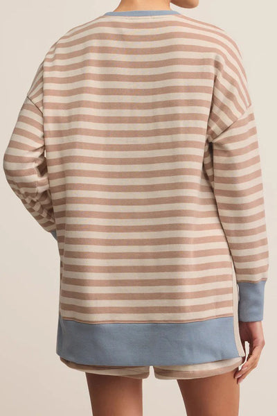 Women's Khaki Stripe Color Block Oversized Pullover & Drawstring Shorts Set - Casual Chic 2-Piece Outfit