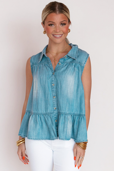 Stylish Women's Blue Sleeveless Denim Shirt with Ruffle Hem & Trendy Collar Ideal for Casual Summer Looks