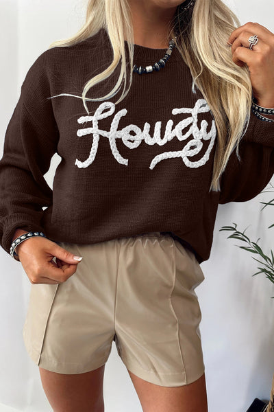 Women's Cozy Chicory Coffee Howdy Embroidered Western Sweater - Stylish Fit for Casual Outings & Everyday Comfort