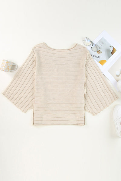 Cozy Women's Apricot Ribbed Knit Dolman Sweater with Exposed Seams - Stylish Everyday Essential for Effortless Chic