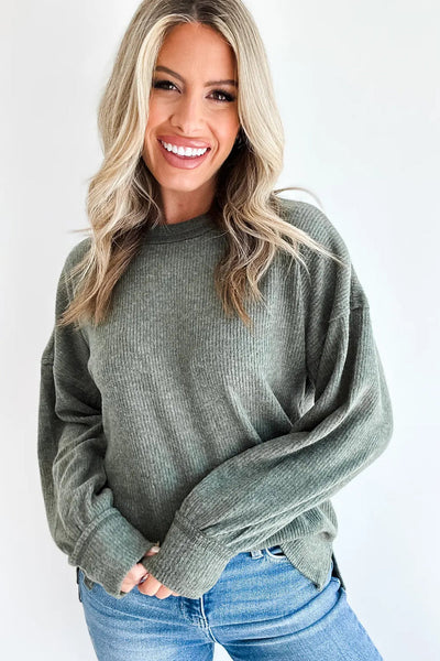 Stylish Women's Mist Green Ribbed Long Sleeve Top with Raw Seam - Comfortable Casual Knitwear for Everyday Wear