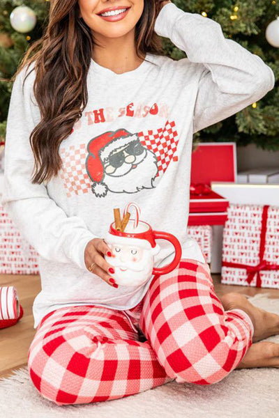 Cozy Multicolor Christmas Lounge Set for Women with Plaid Pants - Festive Claus Graphic for Holiday Comfort