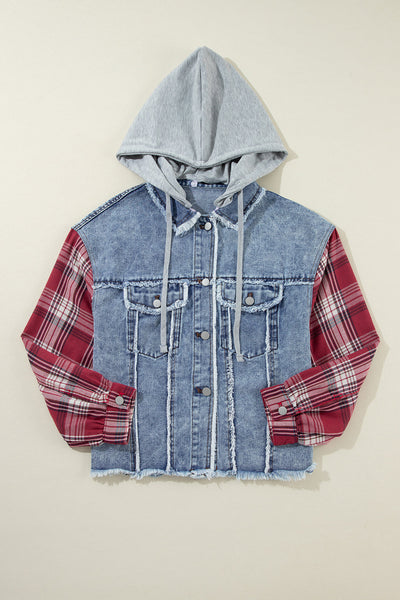 Women's Casual Beau Blue Plaid Denim Jacket with Hood and Raw Hem - Trendy Patchwork Style for Everyday Wear