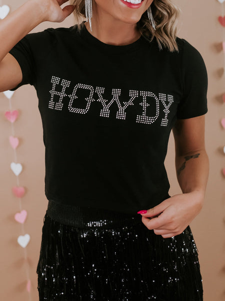 Women's HOWDY Black Rhinestone Embellished Slim Fit Tee