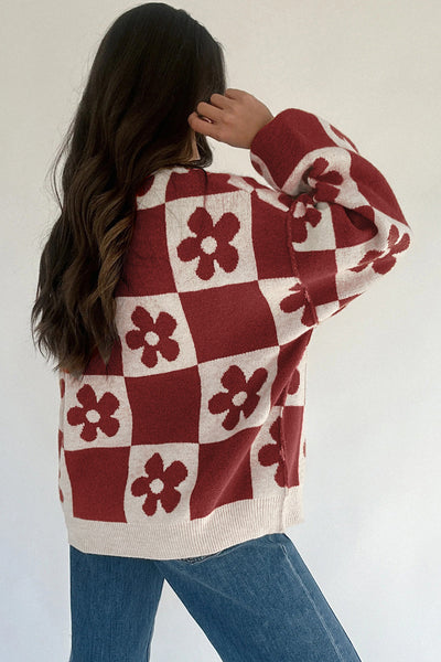 Women's Red Dahlia Floral Checkerboard Henley Knit Sweater