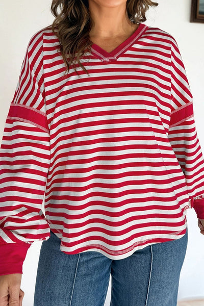 Women's Red Striped V-Neck Balloon Sleeve Pullover with Exposed Seams