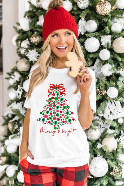 Women's Floral Christmas Tree Graphic Tee in Soft Cotton Blend