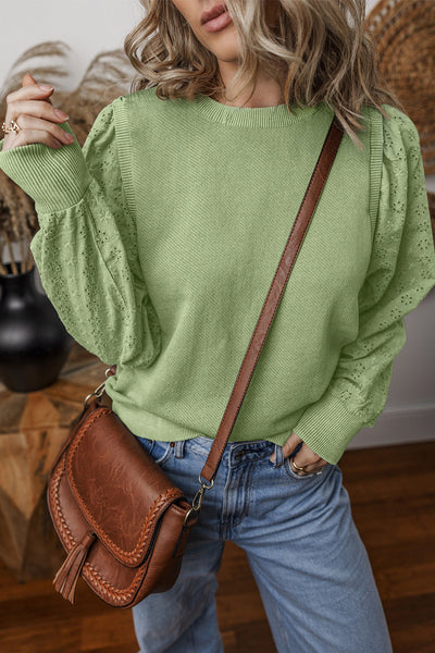 Casual Chic Women's Mist Green Solid Patchwork Sweatshirt - Long Sleeve Round Neck Top for Everyday Comfort