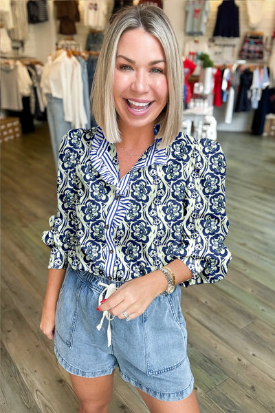 Women's Abstract Floral Cotton Blouse with Striped Ruffle Trim