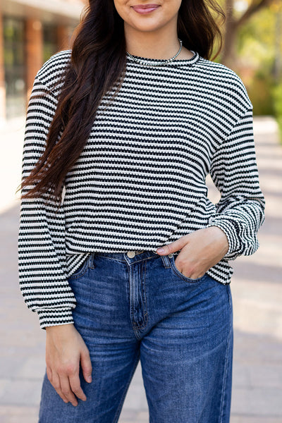 Stylish Women's Black Stripe Long Sleeve Top - Casual Round Neck, Drop Shoulder Design for Effortless Everyday Looks