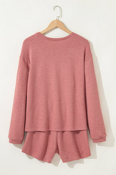 Mineral Red Textured Loose Pullover & Casual Shorts Set for Women Comfy Chic Loungewear for Relaxed Days