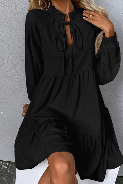 Chic Women's Black Tie Puff Sleeve Dress with Ruffle Hem & Smocked Detail for Effortless Elegance and Comfort