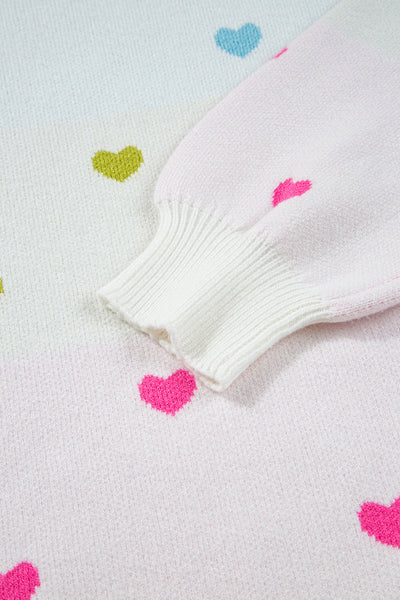 Cozy Women's Multicolor Heart Pattern Colorblock Knit Sweater - Chic High Neck Pullover for Casual Comfort