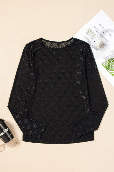 Trendy Women's Black Long Sleeve Top with Elegant Mesh Bow Design - Perfect for Casual or Dressy Outfits