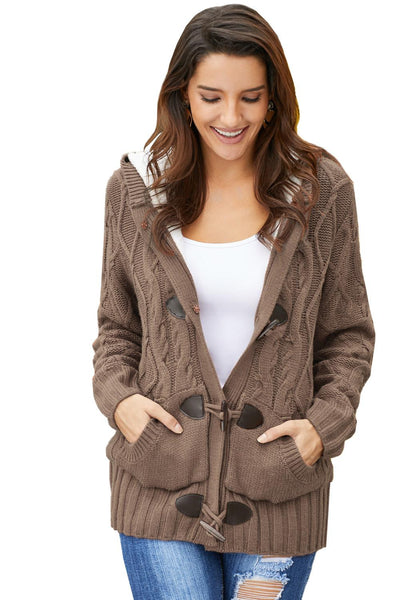 Stylish Women's Brown Fur Hooded Cardigan with Horn Buttons - Cozy, Warm Layer for Fall and Winter Fashion