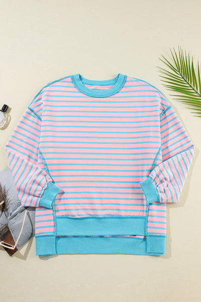 Women's Stylish Pink Stripe High-Low Pullover Tunic Sweatshirt with Contrast Trim for Comfortable Everyday Wear