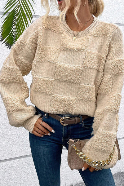 Cozy Women's Parchment Checkered Sherpa Sweater - Loose Fit Crew Neck for Stylish Fall and Winter Layering