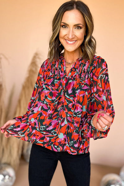 Crimson Dahlia Smocked Floral Puff Sleeve V-Neck Blouse