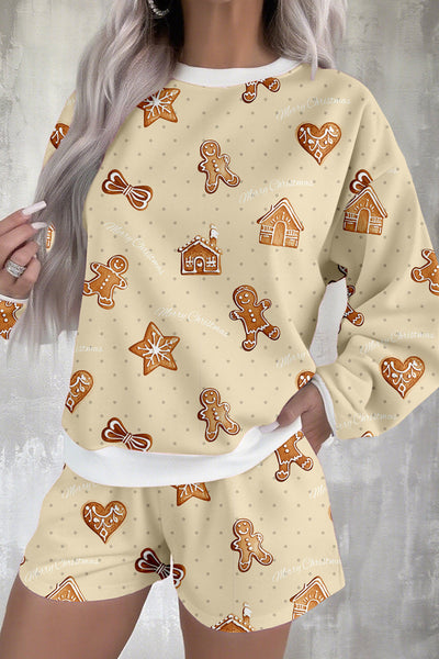 Cozy Beige Gingerbread Man Print Long Sleeve Pullover and Shorts Set for Women Festive Holiday Loungewear Outfit