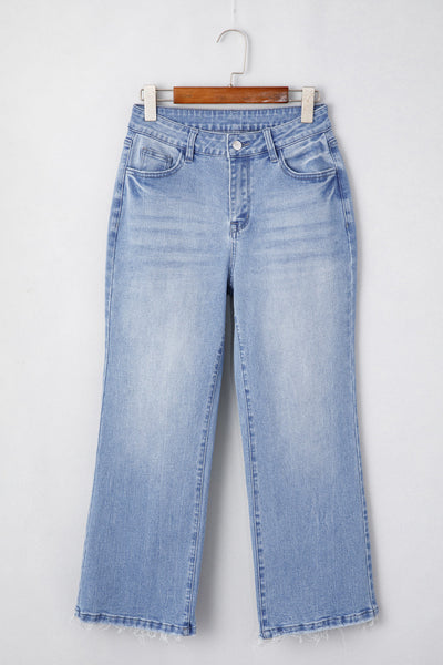 Trendy Women's Beau Blue High Waist Flared Jeans - Mineral Wash with Raw Hem for Casual Chic Look