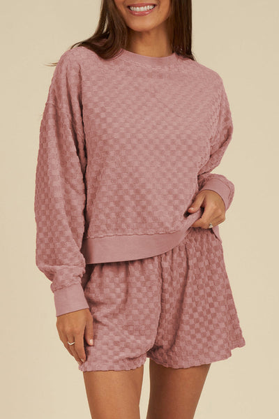 Women's Stylish Blossom Checkered Long Sleeve Top and Shorts Set - Comfortable Spring Outfit for Effortless Chic