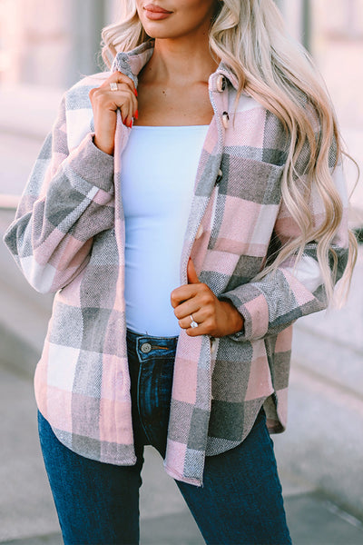 Women's Versatile Pink and Gray Plaid Color Block Long Sleeve Jacket with Pockets - Stylish Outerwear for Every Occasion