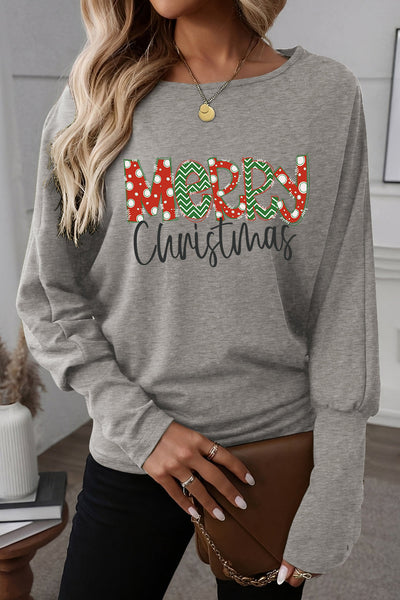 Women's Light Grey Merry Christmas Dolman Top with Extended Cuffs
