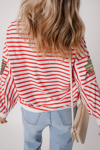 Women's Sequin Gift Box Striped Holiday Sweatshirt